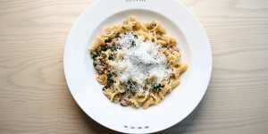Deftly seasoned campanelle pasta in a white ragu with pork and fennel sausage.