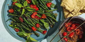 Grilled snake bean and basil salad.