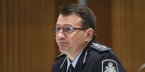 Australian Federal Police (AFP) Commissioner Reece Kershaw during a Senate estimates hearing at Parliament House in Canberra on Monday 22 March 2021. fedpol Photo:Alex Ellinghausen
