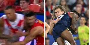 Head-high bumps are the talking point of round one of the 2023 AFL season. Kysaiah Pickett (centre) and Lance Franklin (left) were both offered suspensions for their hits on opponents,while Adelaide’s Shane McAdam (right) is likely to face similar consequences.
