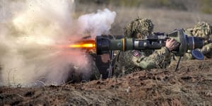 A Ukrainian serviceman fires an anti-tank weapon during an exercise in the Joint Forces Operation,in the Donetsk region,eastern Ukraine,Tuesday,February 15,2022. 