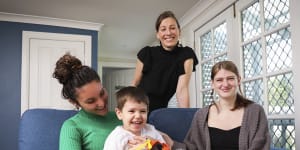 Jessica Seen,a Sydney client of 99aupairs,with son Charlie,3. Her new au pair Giulia Spinelli (green top) is from overseas and her departing au pair Madeline Warr is from Australia,and will take up another placement in Melbourne.