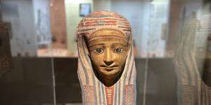 An ancient Egyptian cartonnage mask from the collection of the Abbey Museum.