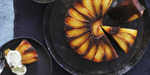 Serve this sticky,spiced pear cake warm or cold,with creme fraiche.