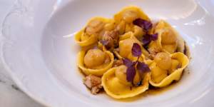 Tortelli cacio e pepe with sweetbreads.