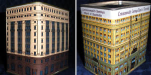 Money boxes ... the tin,right,was modelled on Commonwealth Bank's then head office in Pitt Street. The tin,left,was a model of the bank's building at 48 Martin Place.