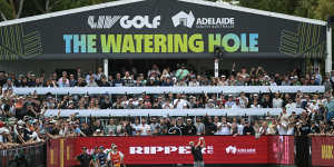 Australian Marc Leishman tees off on the “watering hole” on Saturday.