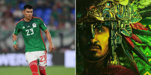 Jesus Gallardo during the World Cup match between Mexico v Poland,in Qatar and Tenoch Huerta as Namor in a poster for ‘Black Panther:Wakanda Forever’.