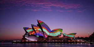 Aboriginal painting projected onto the Sydney Opera House on January 26,2021. 