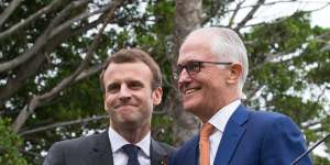 French President Emmanuel Macron and Prime Minister Malcolm Turnbull at Wednesday's press conference at Kirribilli House.