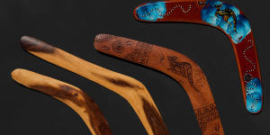 The two boomerangs on the right are of the fake type commonly sold in souvenir stores around Australia. The other two are genuine boomerangs by Rolley Mintuma at Maruku Arts,NT.