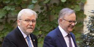 Australian ambassador to the US Kevin Rudd and Prime Minister Anthony Albanese in Washington last October.