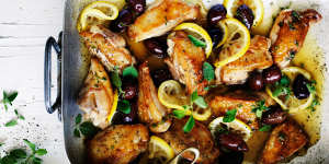Neil Perry's braised chicken with olives,lemon and oregano. 