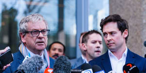 Journalists Chris Masters and Nick McKenzie address the media after Ben Roberts-Smith lost his defamation case on June 1.