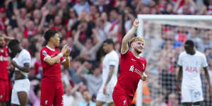 Harvey Elliott celebrates Liverpool’s fourth goal.