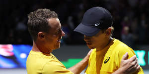 Lleyton Hewitt congratulates Alex de Minaur on his Davis Cup win.