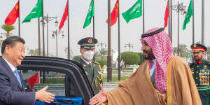 Chinese President Xi Jinping,left,shakes hands with Saudi Crown Prince and Prime Minister Mohammed bin Salman,on arrival at Al Yamama Palace,in Riyadh in December 2022.