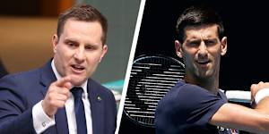 Immigration Minister Alex Hawke,left,and Novak Djokovic. 