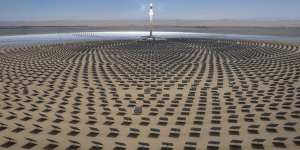 A part view of a Molten Salt Tower Solar Thermal Power Station in Jiuquan,China.