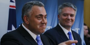 Then Treasurer Joe Hockey and Finance Minister Mathias Cormann during the Budget lock-up in 2015.