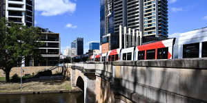 The light rail winds through the Parramatta CBD.