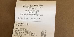 Receipt for Lord Nelson Lunch With interview with Daryl Karp.