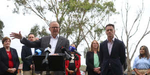 Anthony Albanese alongside NSW Premier Chris Minns during an announcement of a $1bn upgrade of 15th Avenue in West Hoxton.