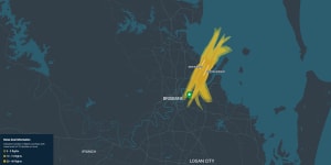 Brisbane flight path modelling for October 10,2023 showing where overhead flights are over 70 decibels.