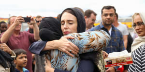 Prime Minister Jacinda Ardern hugs a mosque-goer at the Kilbirnie Mosque in Wellington in 2019 following the Christchurch massacre. Her response to the attack was lauded around the world.