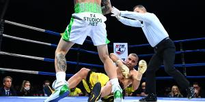 Sad end:Michael Zerafa knocks out Anthony Mundine in the first round earlier this month