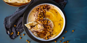 Preserved lemon hummus with cumin and sumac roasted chickpeas. Ottolenghi inspired mix and match Middle Eastern share friendly feast recipes for Good Food,October 2019. Images and recipes by KatrinaÂ Meynink. Good Food use only.