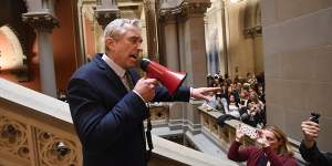 Robert F. Kennedy jnr speaks against proposed Democratic bills that would add new doses of vaccines to attend school,during a protest rally on behalf of New York families last year. 