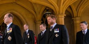 Prince Andrew,Duke of York,Prince Edward,Earl of Wessex,Prince William,Duke of Cambridge,Prince Harry,Duke of Sussex,Peter Phillips and Vice-Admiral Sir Timothy Laurence follow hearse carrying the Duke of Edinburgh’s coffin during the funeral of Prince Philip at Windsor Castle in 2021.