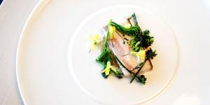 Butter-poached pork belly,hay and broccoli.