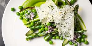 Asparagus with pea puree and parmesan crisp.