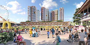 Work on the new Machinery Hill stand,pictured with the planned athletes’ village at the RNA Showgrounds,will start next year.