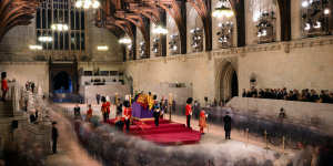 The Queen’s four children stand vigil as mourners file past the coffin in Westminster Hall. 