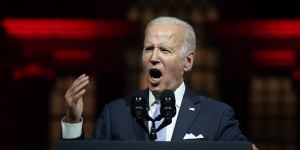Soul of the nation:US President Joe Biden speaks outside Independence Hall in Philadelphia.