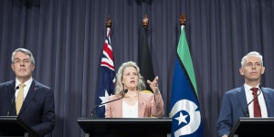 Attorney-General Mark Dreyfus,Minister for Home Affairs Clare O’Neil and Immigration Minister Andrew Giles during a press conference on Wednesday.