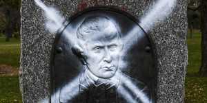 The Captain Cook statue in the Edinburgh Gardens,Fitzroy North has been defaced with phrases including'Destroy white supremacy'.