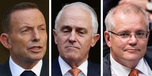Former prime ministers Tony Abbott and Malcolm Turnbull,and current Prime Minister Scott Morrison.