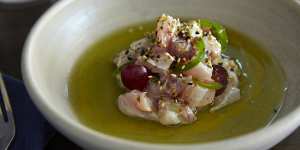 Snapper crudo with salted green apple,grapes and furikake.