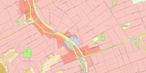 Zoning around Roseville station. The dark red is R4 high-density residential;the light red is R2 low-density residential.