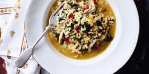 Yiayia's red rice with chicken and spinach recipe.