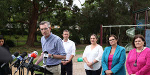 NSW Premier Dominic Perrottet with,from left,Liberal candidate for South Coast Luke Sikora,Liberal candidate for Kiama Melanie Gibbons,NSW Minister for Education Sarah Mitchell,and retiring MP Shelley Hancock in Nowra on Monday.