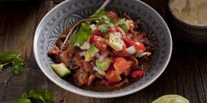 Chilli with black beans,avocado and sour cream.