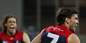 Melbourne’s Jack Viney celebrates a goal.