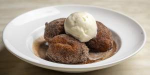 Ricotta doughnuts with chocolate anglaise:puffy,warm and satisfying.