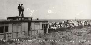 The Manchester Unity picnic train attacked by'Turks'at Broken Hill on New Year's Day 1915. Photograph:Broken Hill City Library.