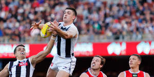 Collingwood’s Brayden Maynard flies for a mark at the Adelaide Oval on Sunday.